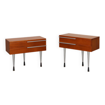 Table de nuit française moderne du milieu du siècle en placage teal et chrome, années 1960.