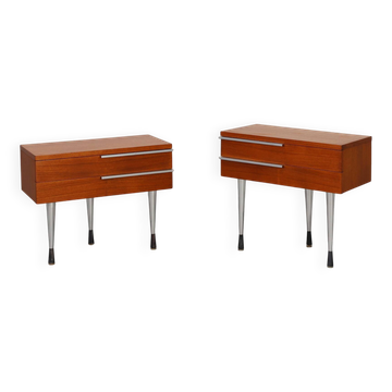 Table de nuit française moderne du milieu du siècle en placage teal et chrome, années 1960.
