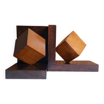 Paire de serre-livres cubiste en bois massif teinté, 1960