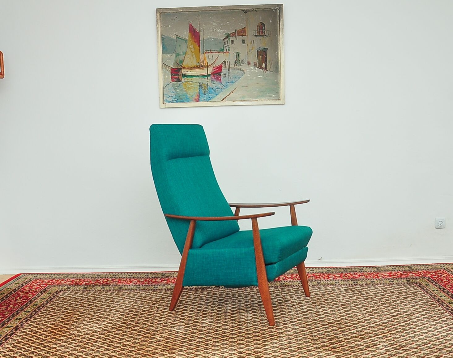 Turquoise armchair with folding footrest, 1960s