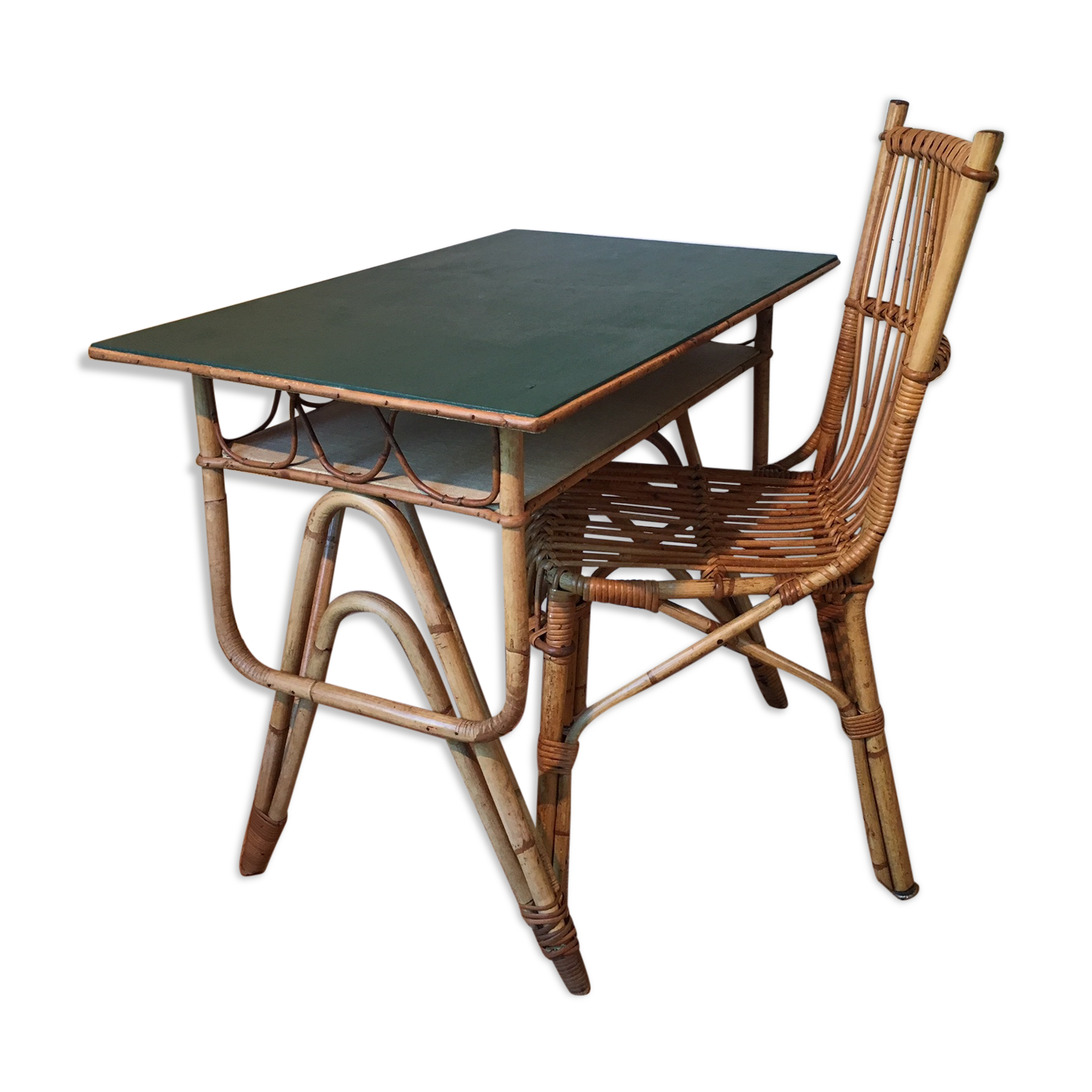 Desk and rattan chair