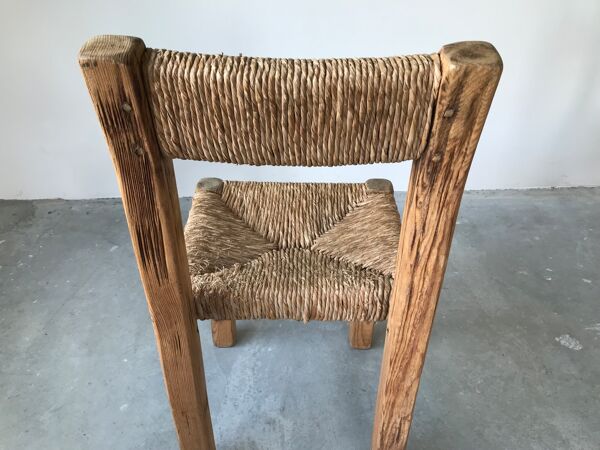 Suite de 4 chaises en pin massif et paille, Années 50.