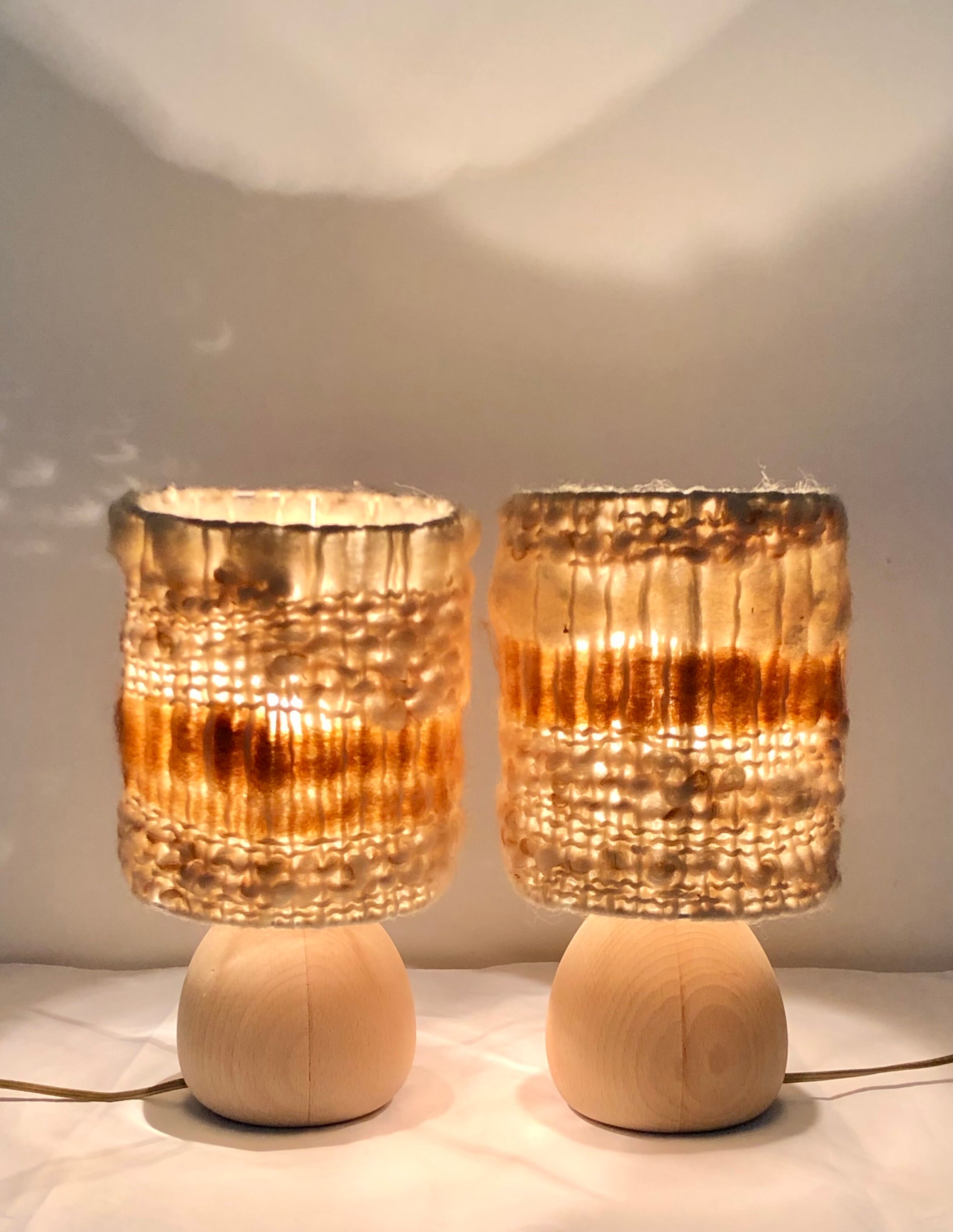Vintage table lamps wood and wool, France 60s