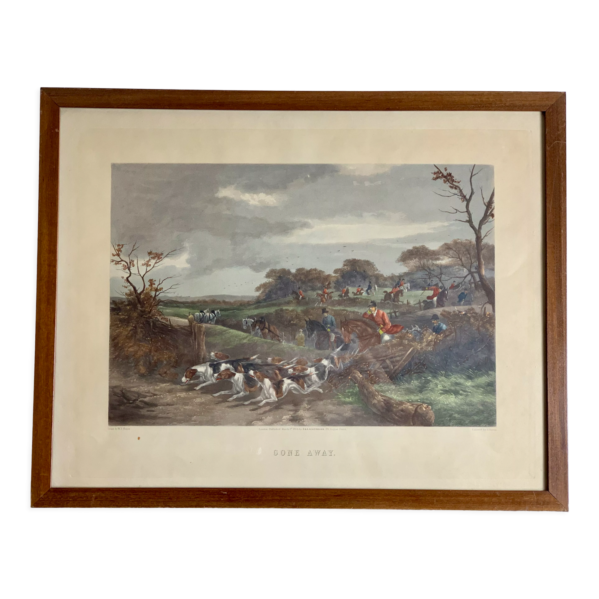 English engraving of hunting hound and hunting dog