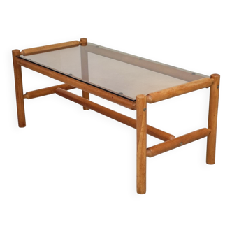 Coffee table in chalet style, made of solid wood and glass, Czech Republic, 1970.