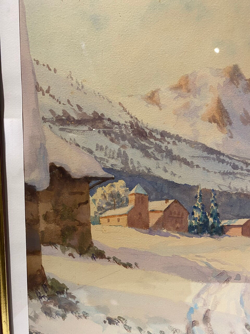 Old painting, snow landscape signed Salanon, mid-20th century