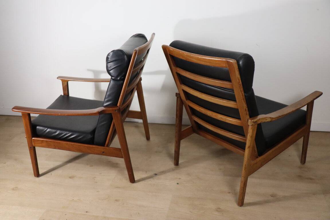 Pair of Scandinavian teak and leatherette armchairs, 1960