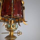 Large Longobard Gilded Metal and Red Hammered Glass Table Lamp