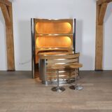 Suede and chrome dry bar with barstools in cognac, italy 1970s