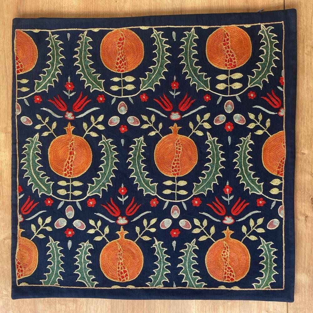 Silk Embroidered Pomegranate Design Cushion Cover. Navy Blue Throw Pillow Case. Traditional Accent Pillow