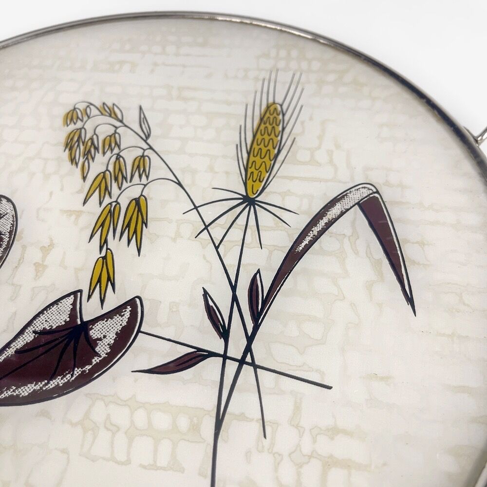 Round service tray in glass and metal vegetal decoration 1950