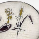 Round service tray in glass and metal vegetal decoration 1950