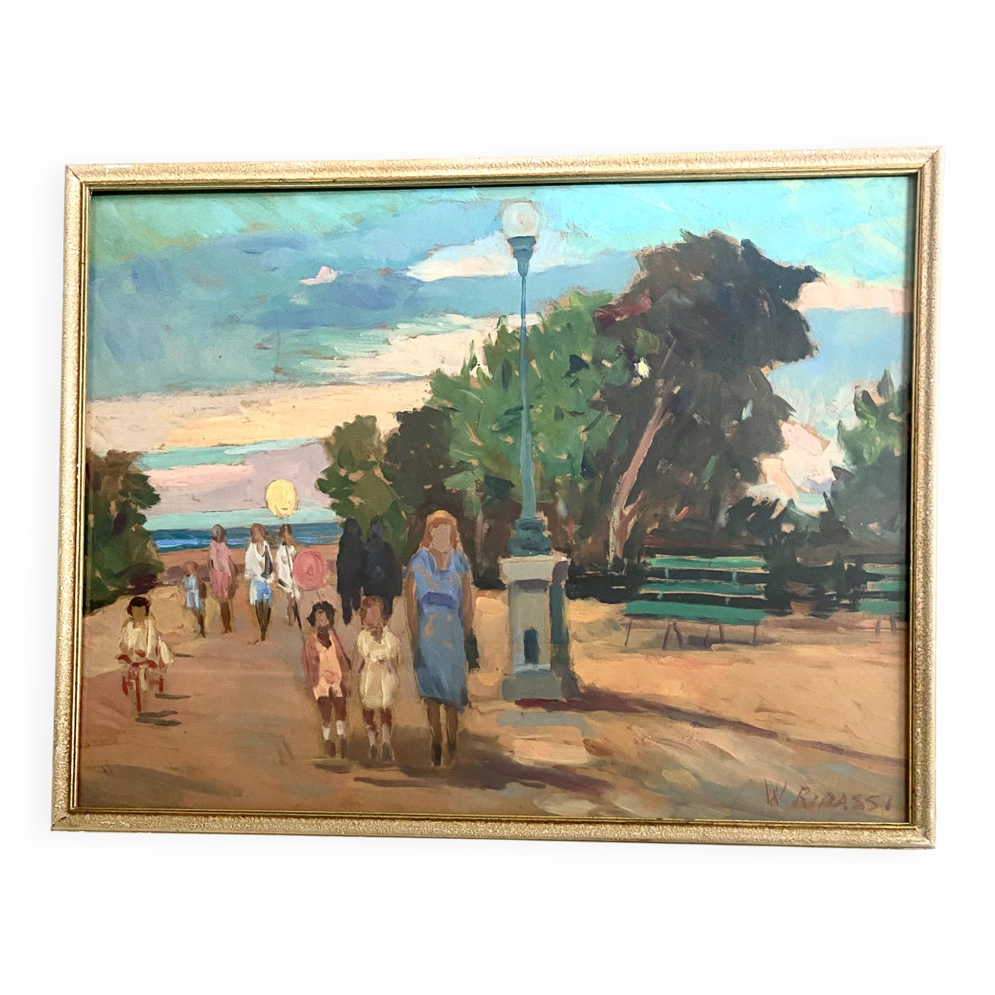 Oil painting "public garden" under glass, 1960s-70s