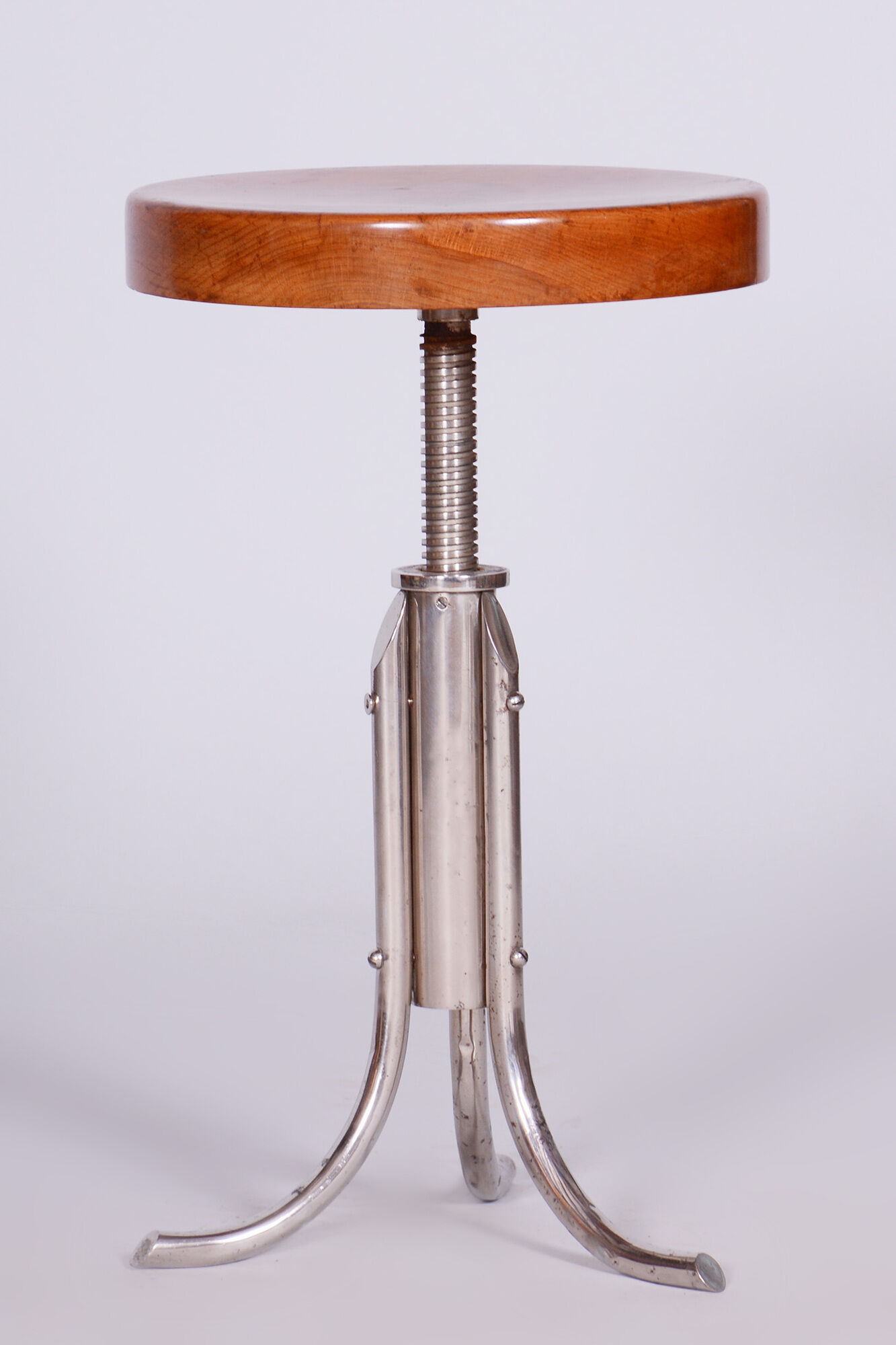 Restored Bauhaus Stool, Mücke Melder, Beech, Chrome-Plated Steel, Czechia, 1930s