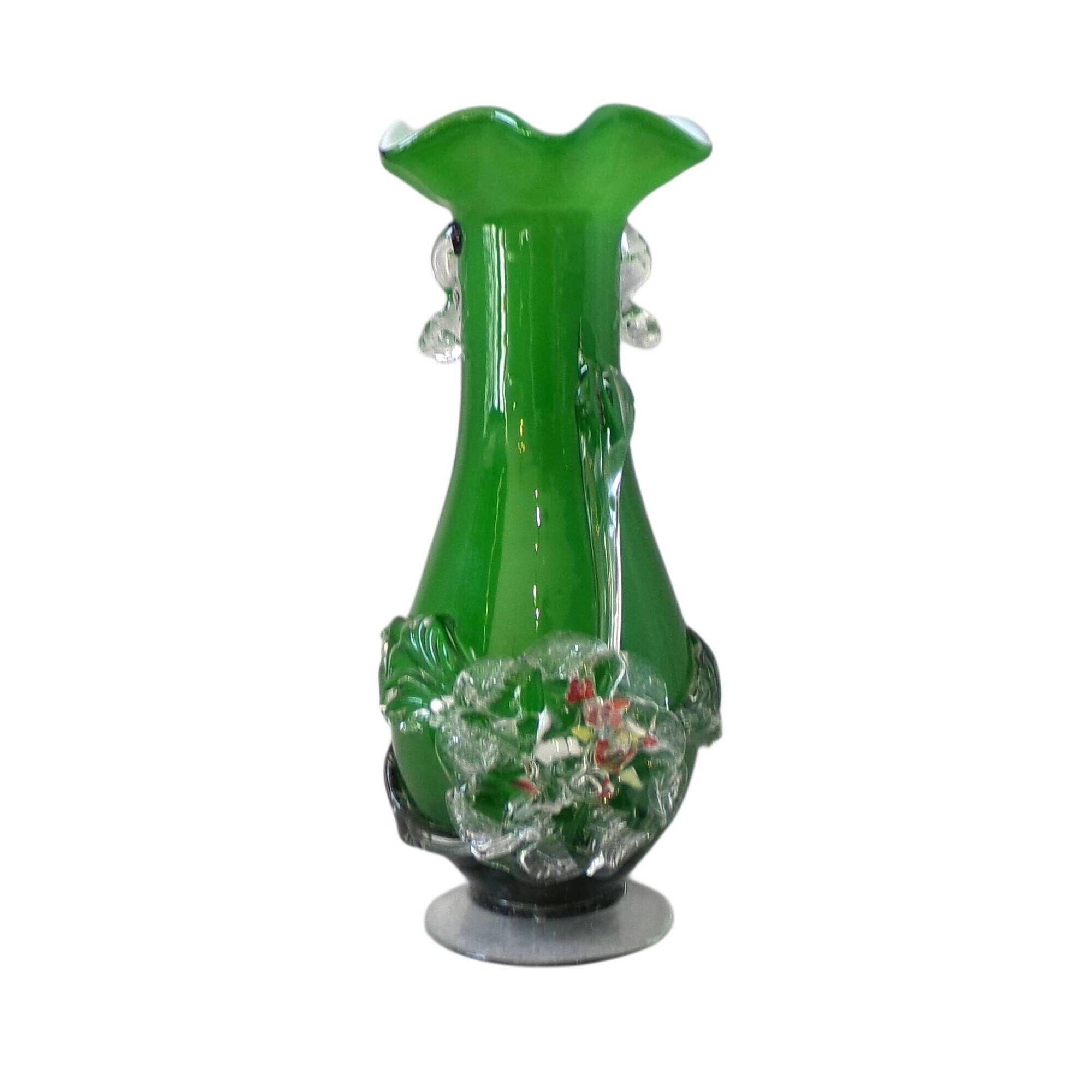 Vase Murano vert foncé fait main avec détails floraux en verre transparent