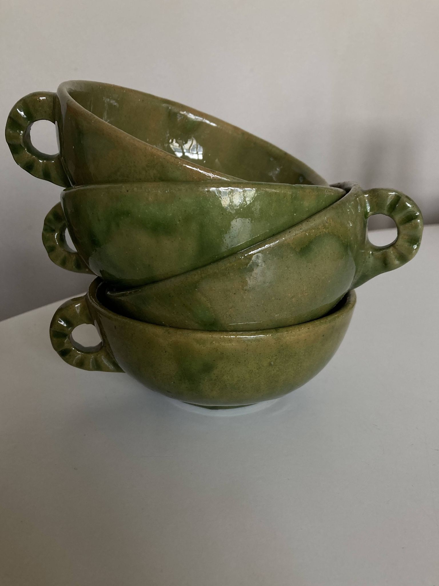 4 green glazed earthenware bowls with handles from Biot, 1960