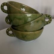 4 green glazed earthenware bowls with handles from Biot, 1960