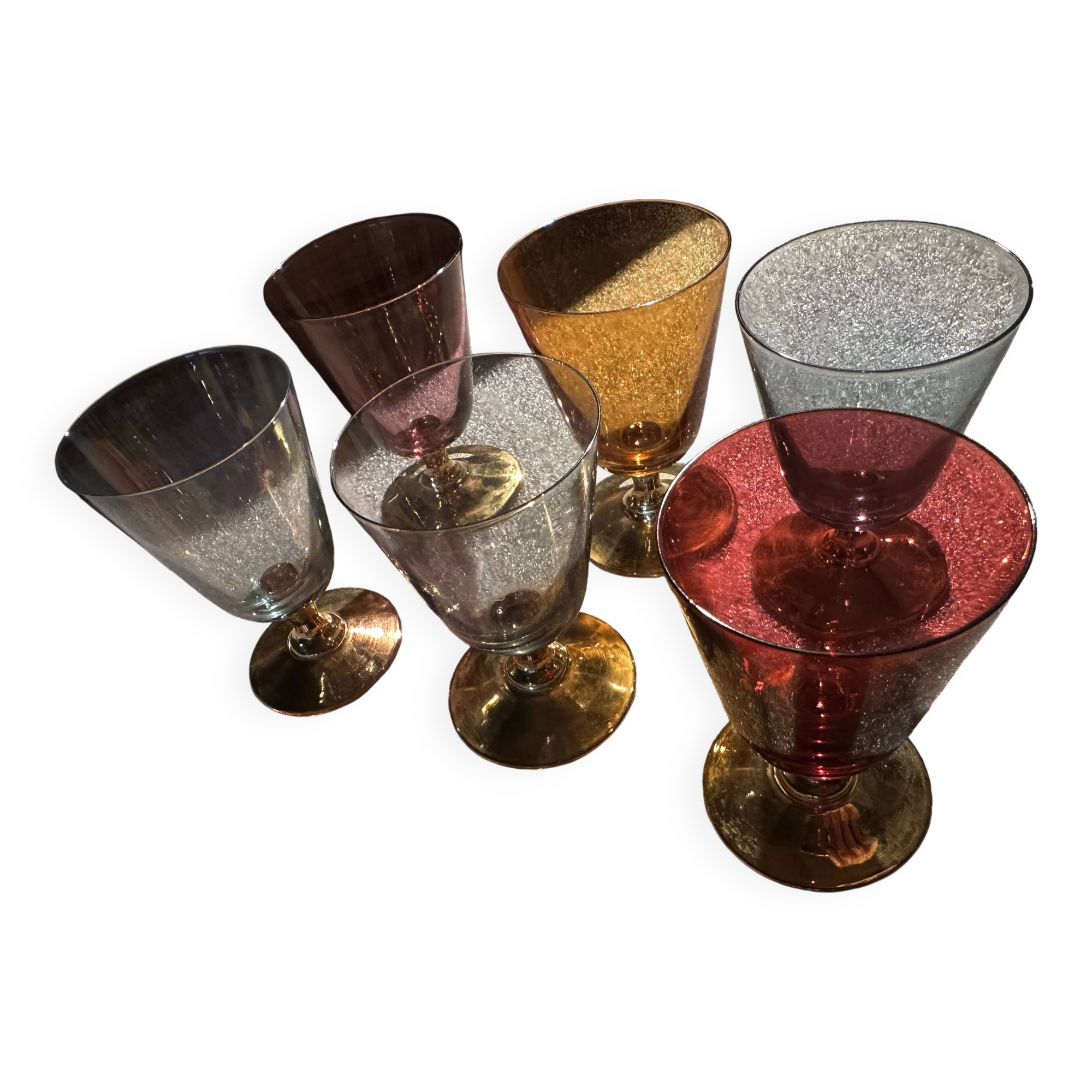 6 iridescent colored crystal liqueur glasses with gold stems / art-deco