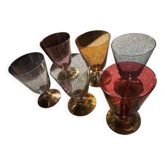 6 iridescent colored crystal liqueur glasses with gold stems / art-deco