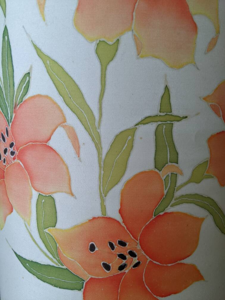 Vintage lamp with turned wooden base and silk lampshade, handcrafted floral decoration