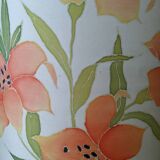 Vintage lamp with turned wooden base and silk lampshade, handcrafted floral decoration