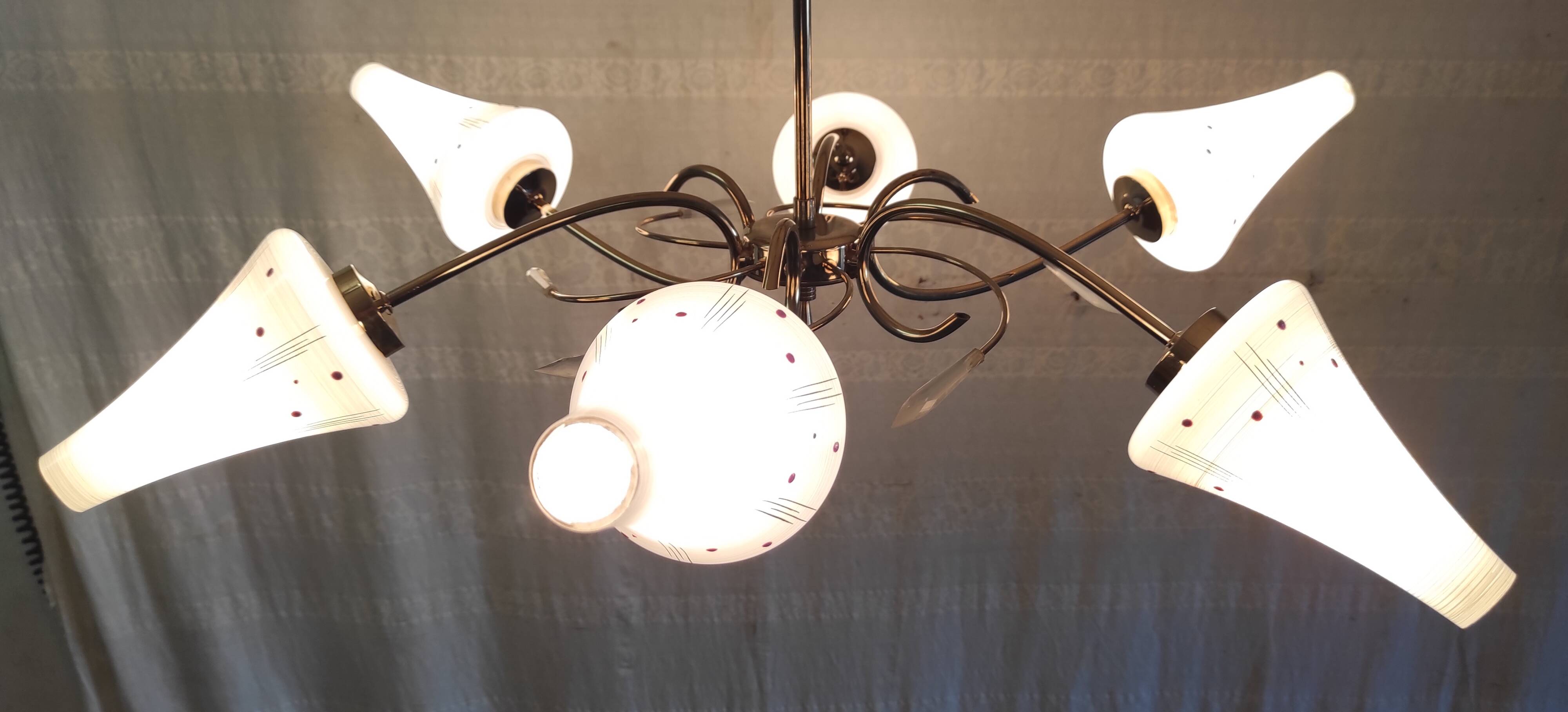 Lustre 6 feux moderniste en laiton doré - années 50/60