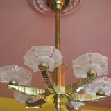 art deco suspension, 6-light Ezan glass globe chandelier, art deco bronze chandelier