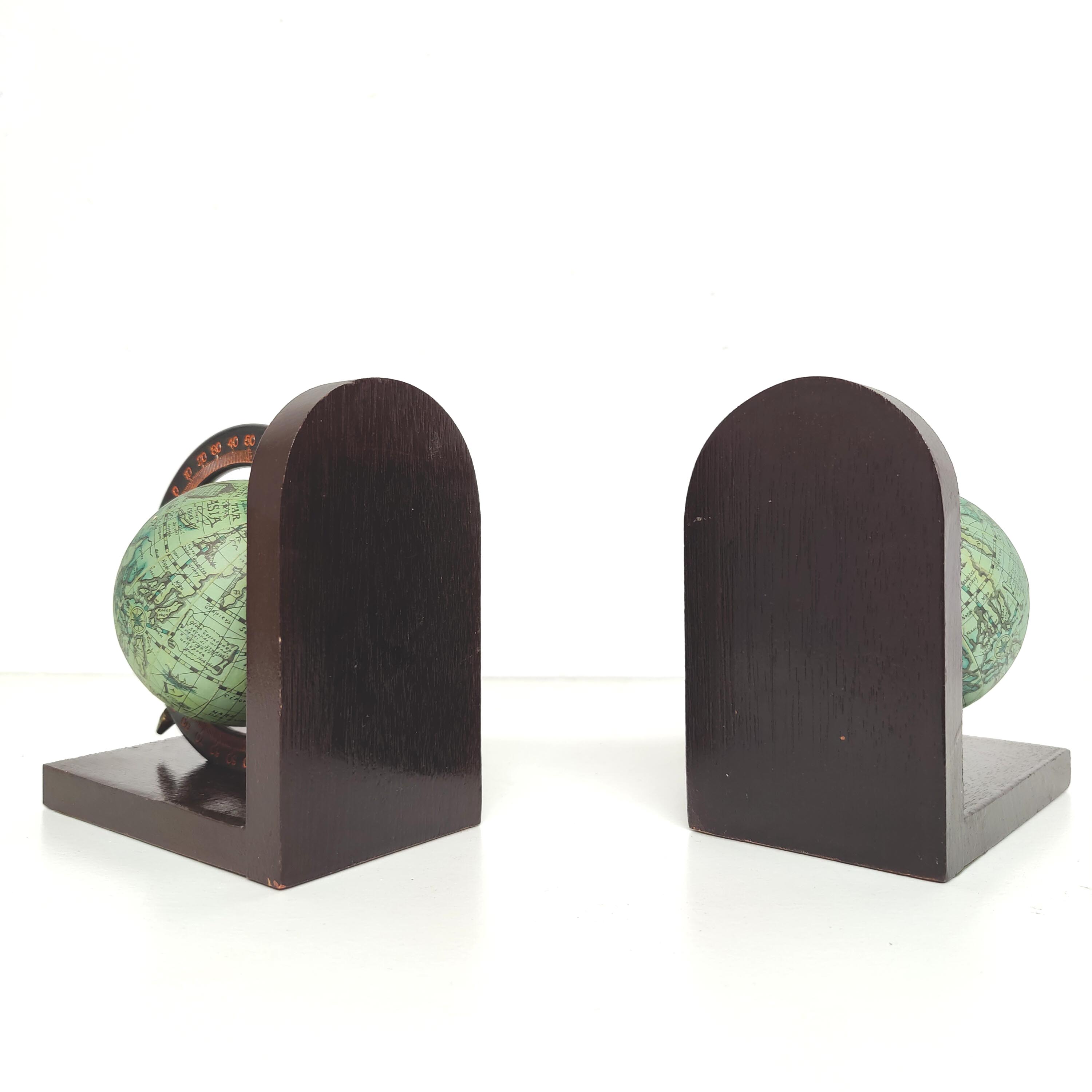 Pair of bookends vintage globe world map wood paper