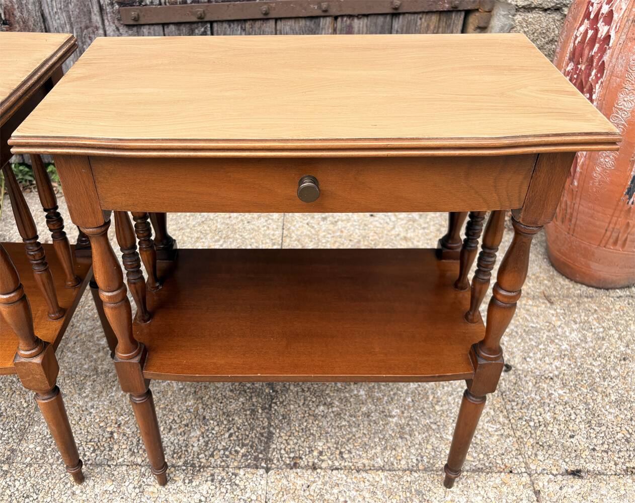 Pair of bedside tables or double-top wooden turned side tables Sty