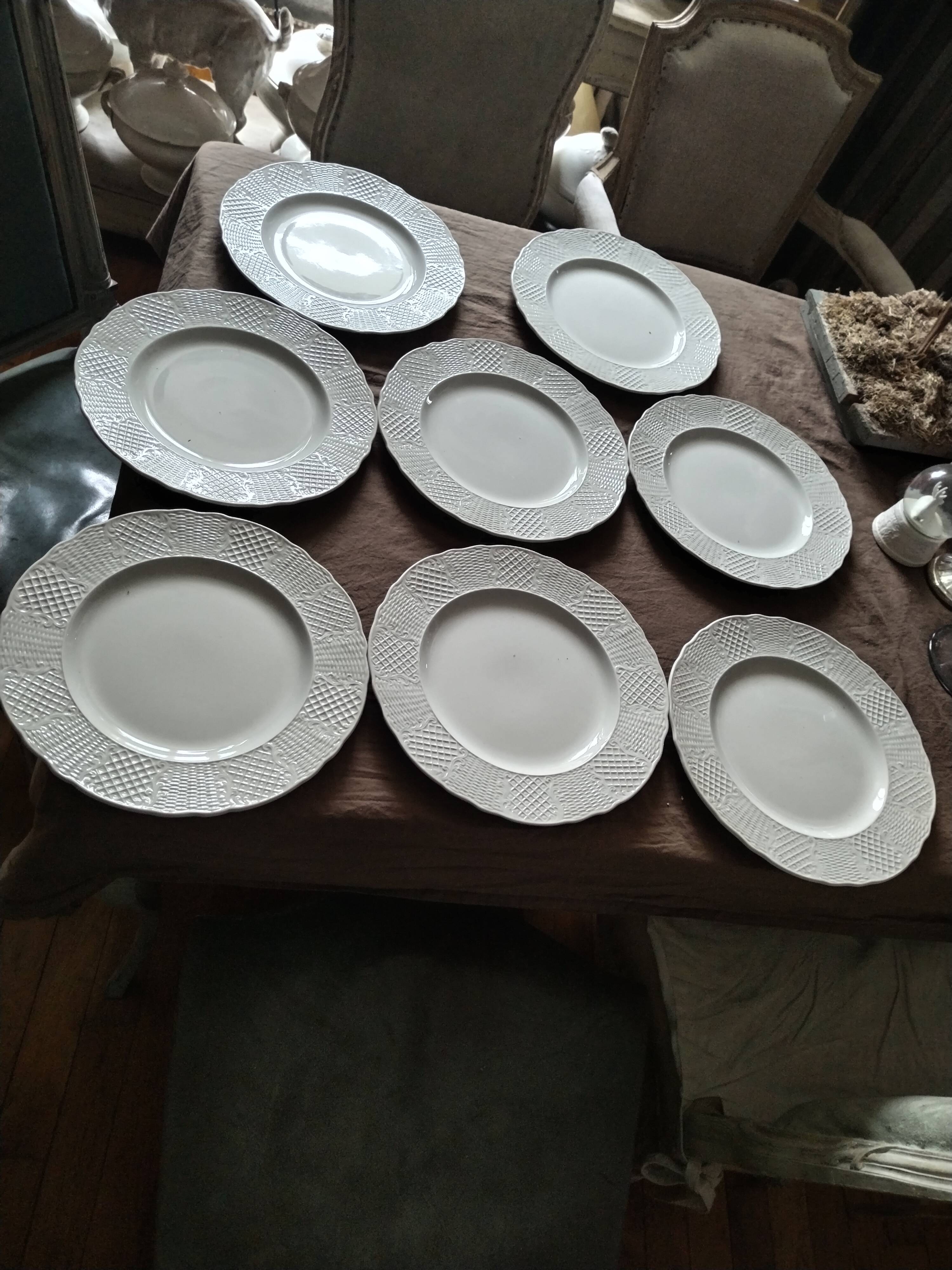 8 large English white earthenware plates 19th