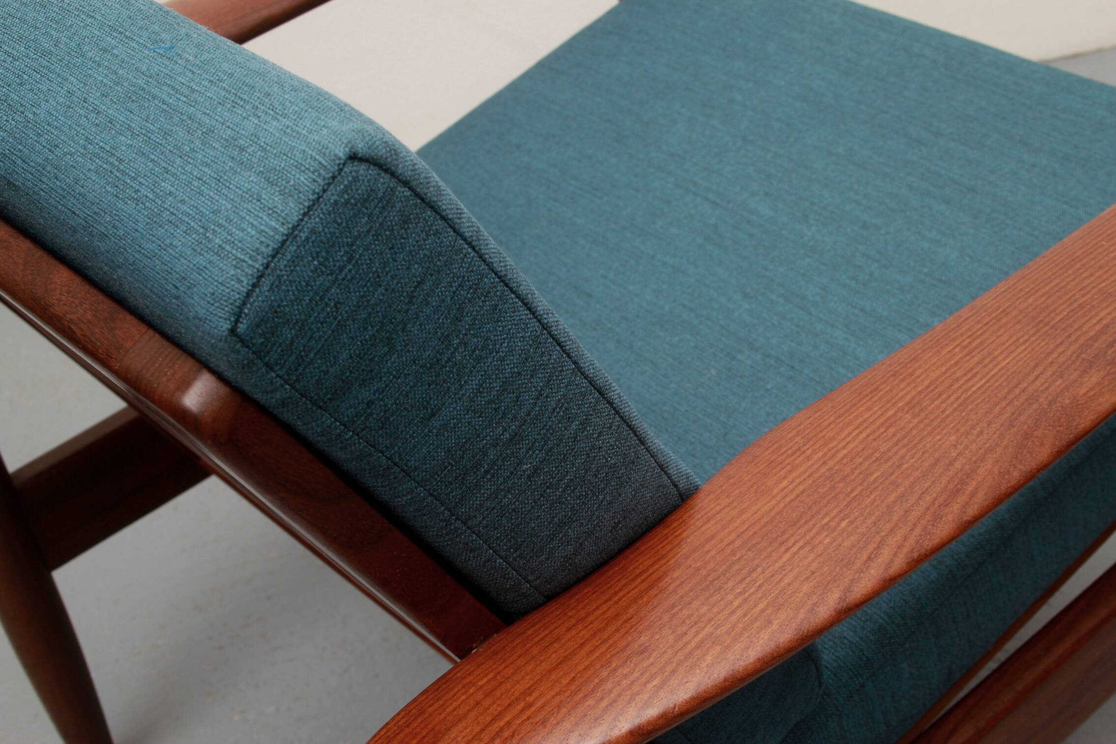 1960s armchair in teak, cushions petrol