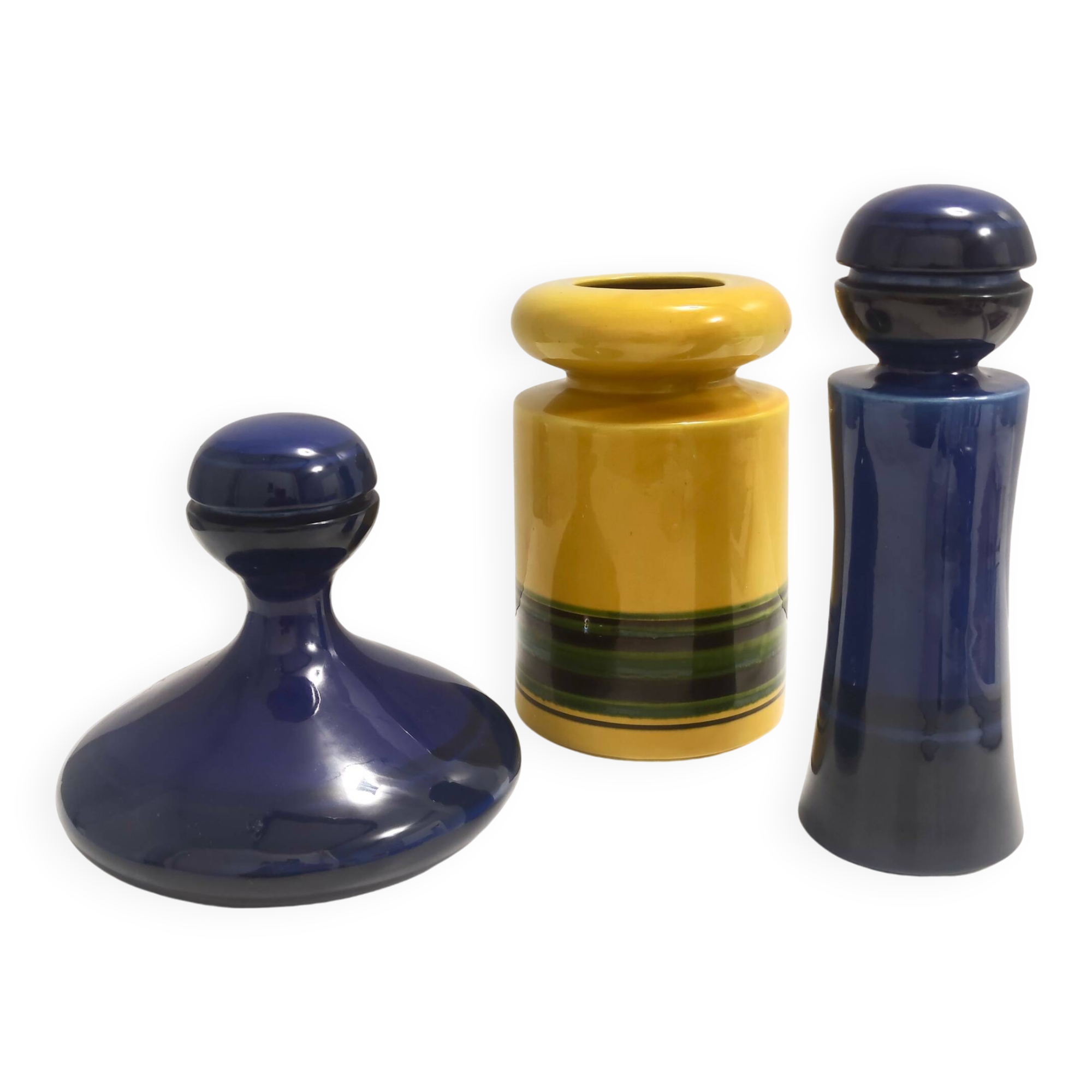 Set of Three Postmodern Blue and Yellow Glazed Vase and Bottles by Parravicini