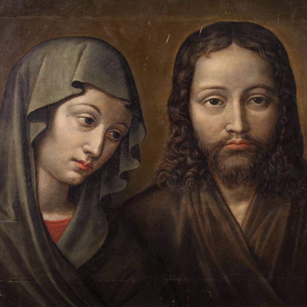 Antique French painting on panel, Christ and the Madonna from 18th century