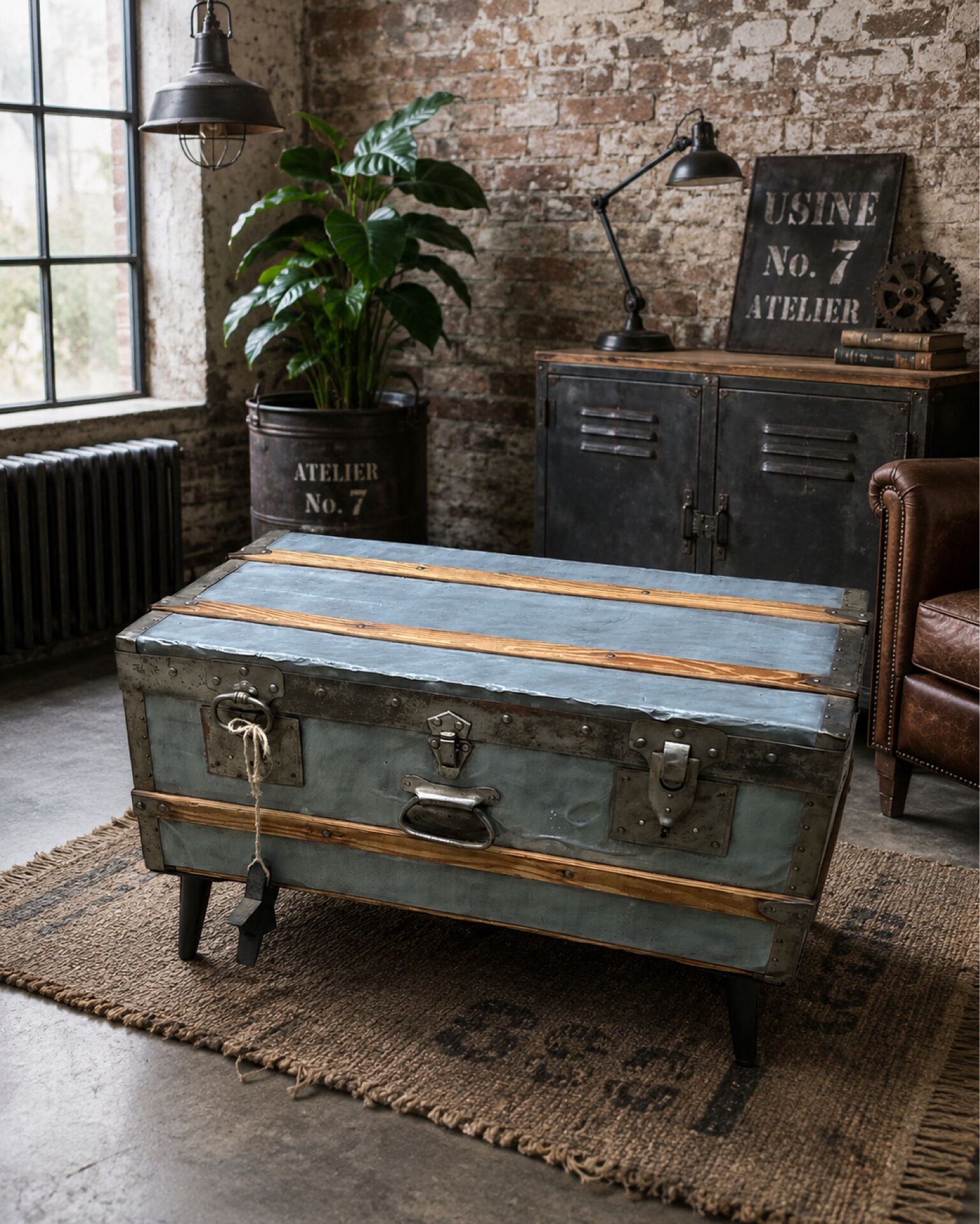 Old zinc trunk with legs, industrial console