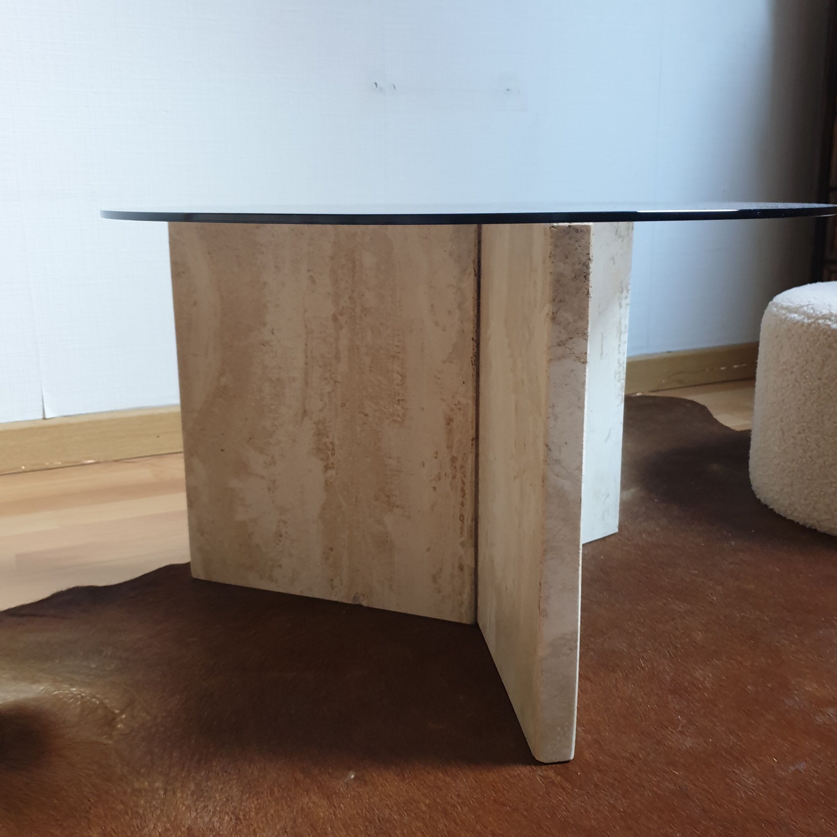 Table basse marbre travertin verre fumé vintage