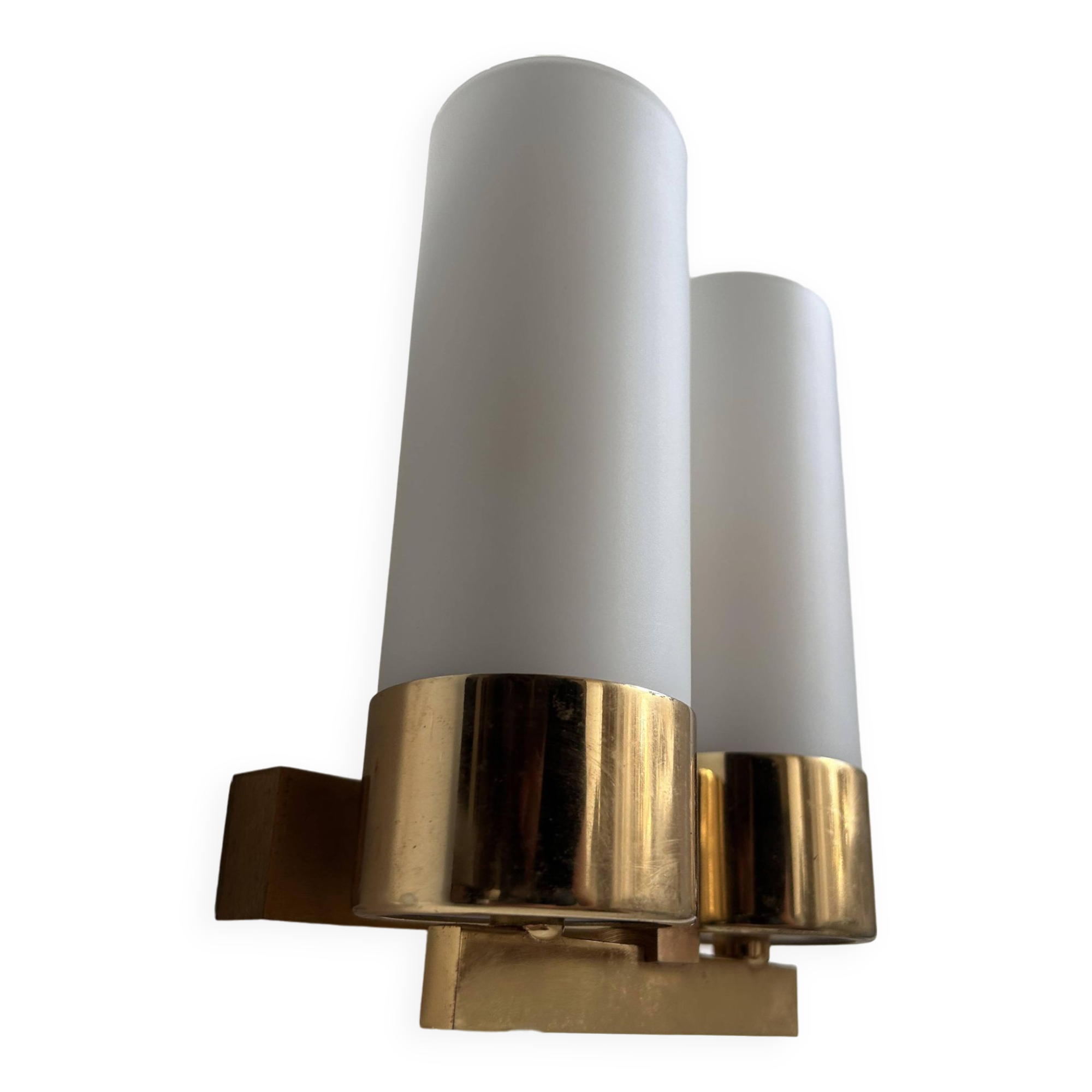 Vintage double wall lamp, brass and opaline, Leuchten Neuhaus Germany 1960
