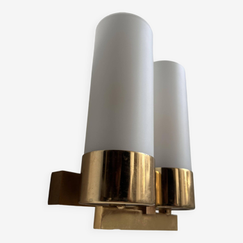 Vintage double wall lamp, brass and opaline, Leuchten Neuhaus Germany 1960