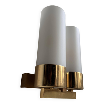 Vintage double wall lamp, brass and opaline, Leuchten Neuhaus Germany 1960