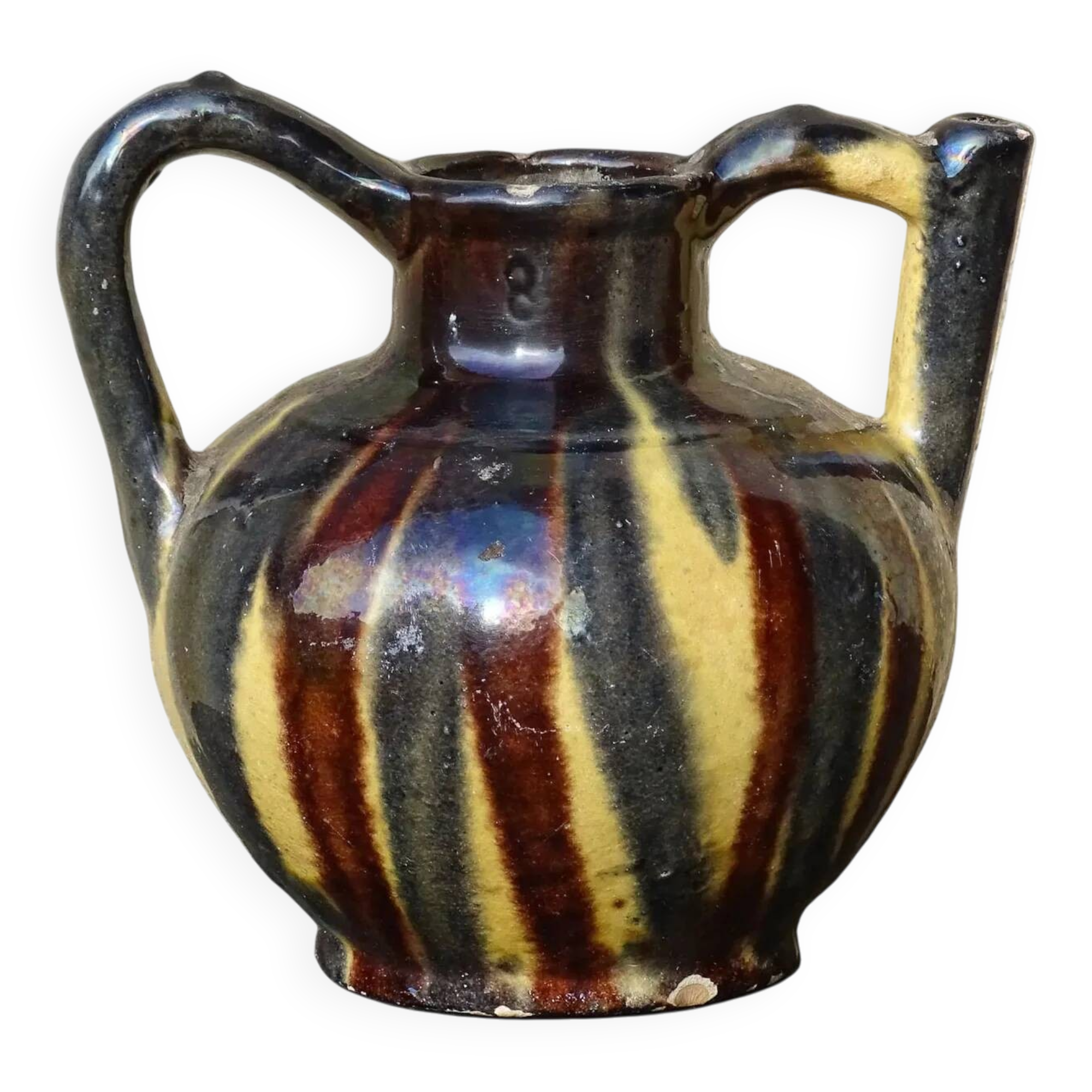 Pichet à eau ou orjol français ancien à glaçure rayée