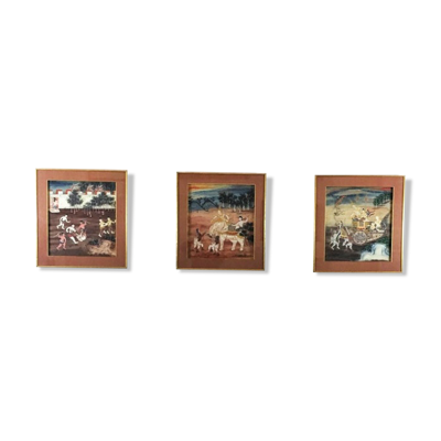 Ensemble de 3 peintures thaïlandaises, Rattanakosin, XIXème siècle