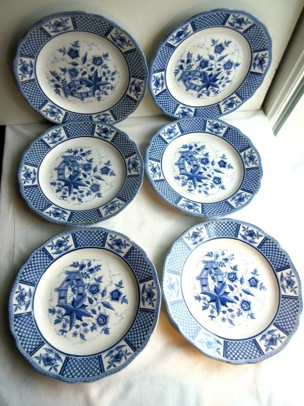 Lot de 6 assiettes plates en belle faïence décor fleuri bleu, sarreguemines modèle la fayette