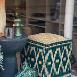 Moroccan pouf cube seat in graphic ikat wicker dark green forest fir
