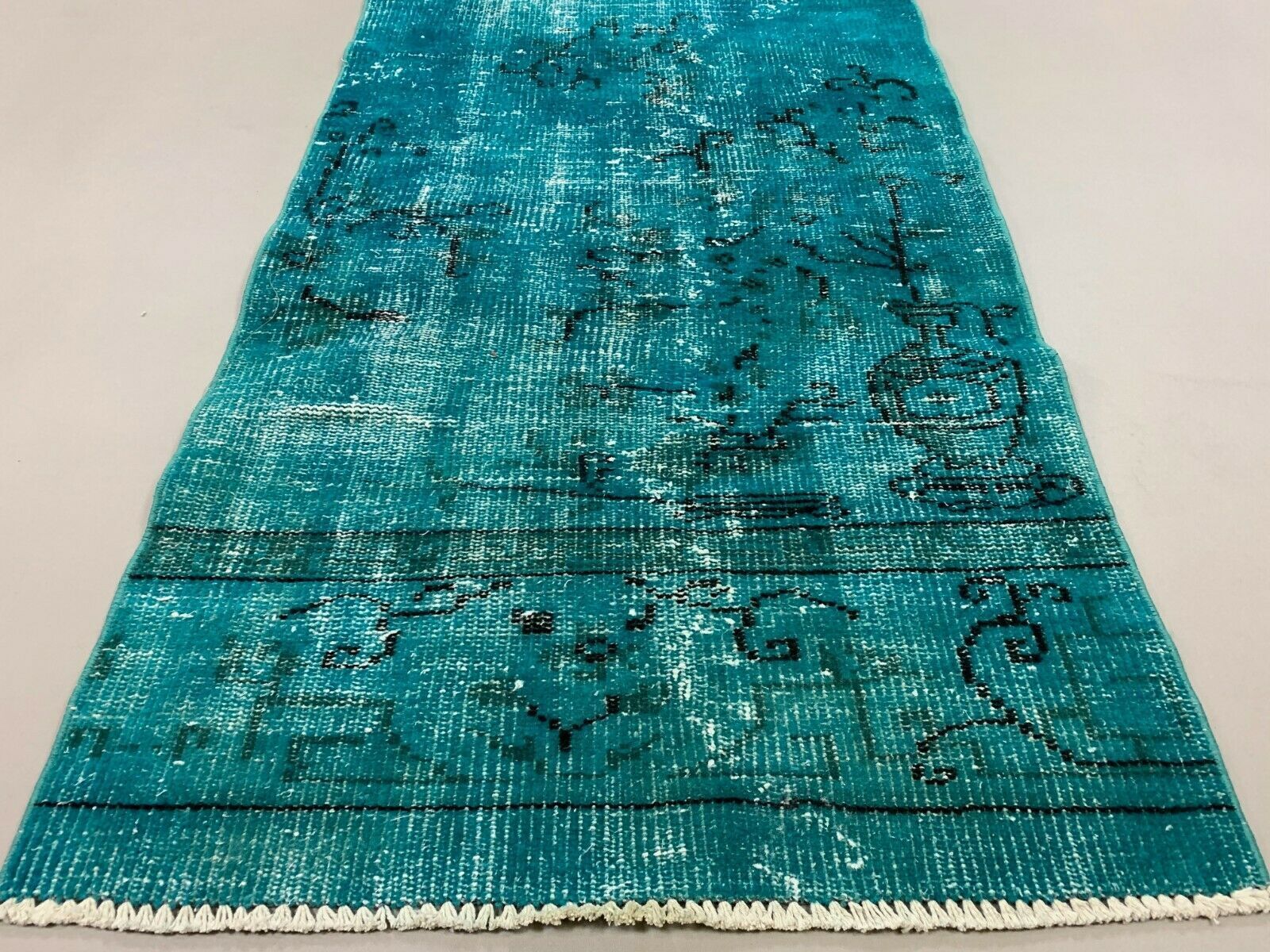 Distressed Turkish Runner 303x69 cm wool Vintage rug, Overdyed Blue