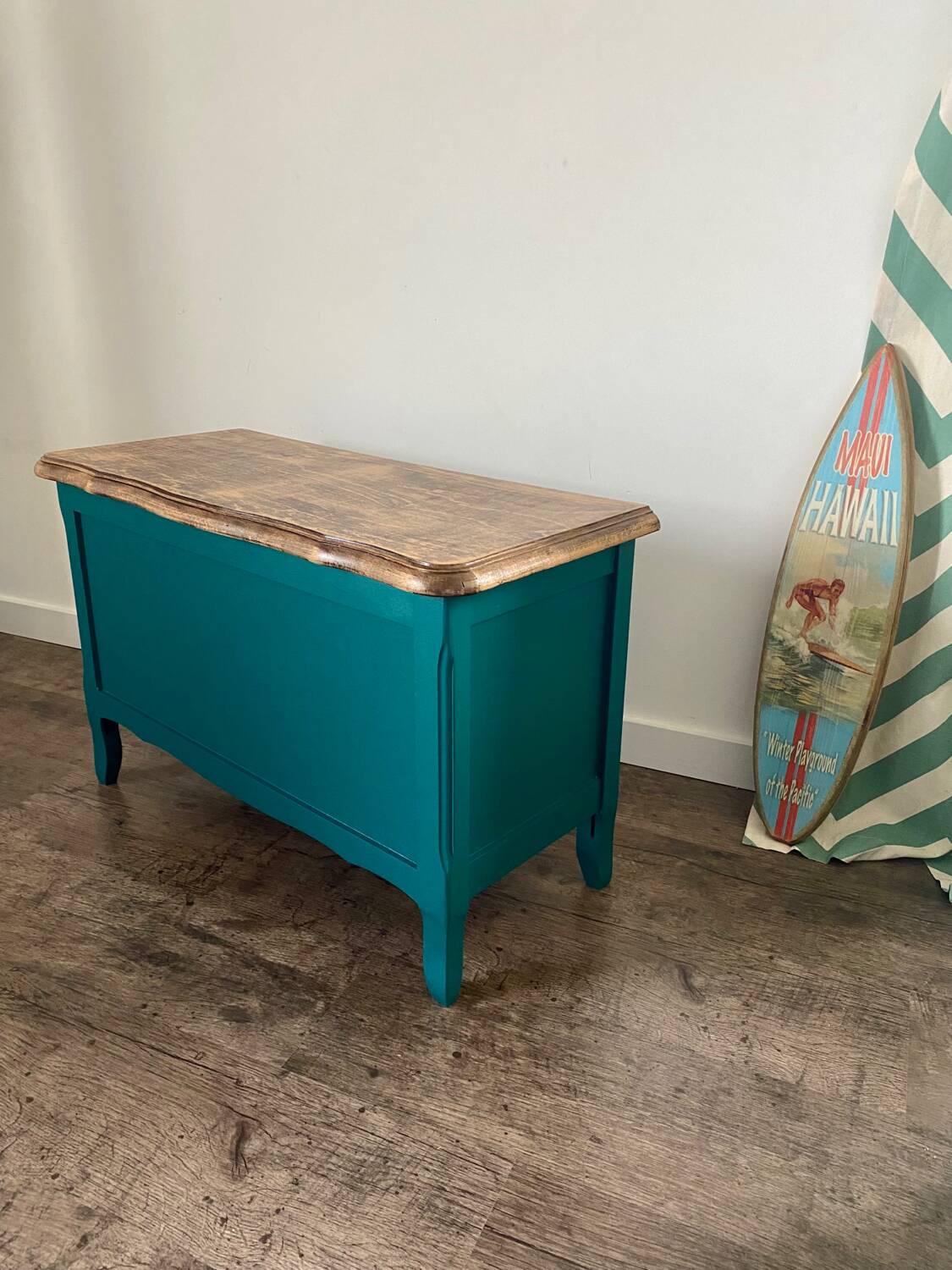 Duck blue and light wood storage chest