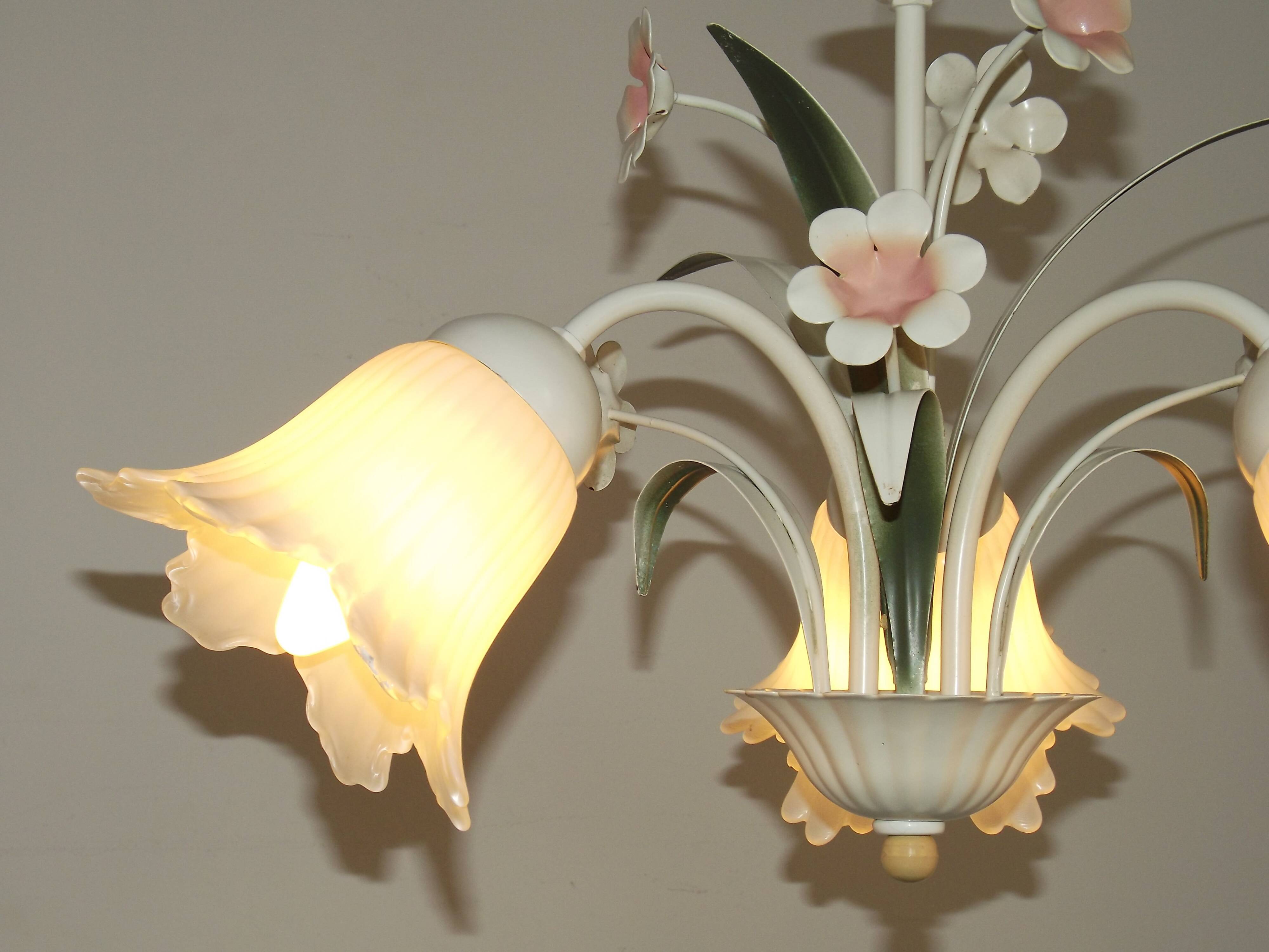 Vintage 3-light chandelier in pink and white metal and glass shaped like flowers, France.
