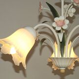 Vintage 3-light chandelier in pink and white metal and glass shaped like flowers, France.