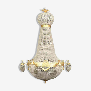 Lustre montgolfière empire en bronze et cristaux de verre