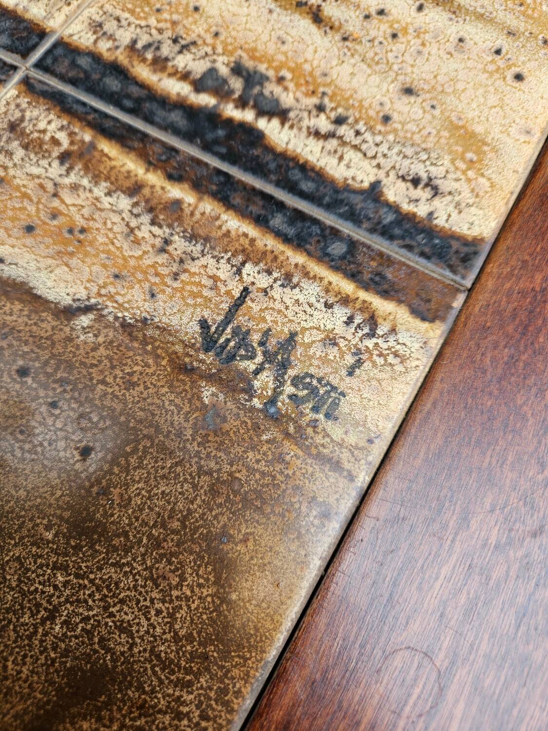 Brutalist coffee table in wood and ceramic by Jean d'Asti, Vallauris, 1960s-70s