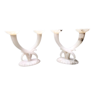 Pair of Vintage Alabaster and Onyx Candelabra Ascribable to Tomaso Buzzi, Italy