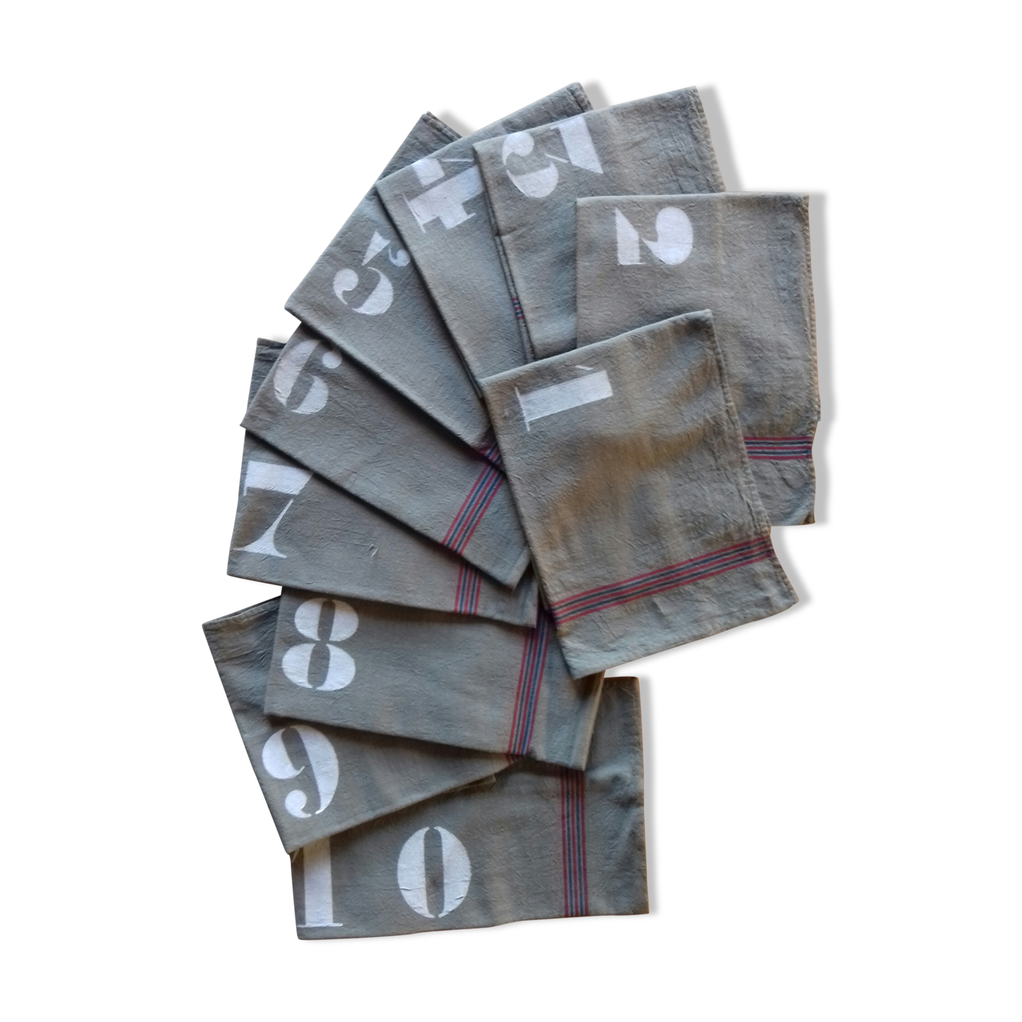 10 numbered khaki tea towels